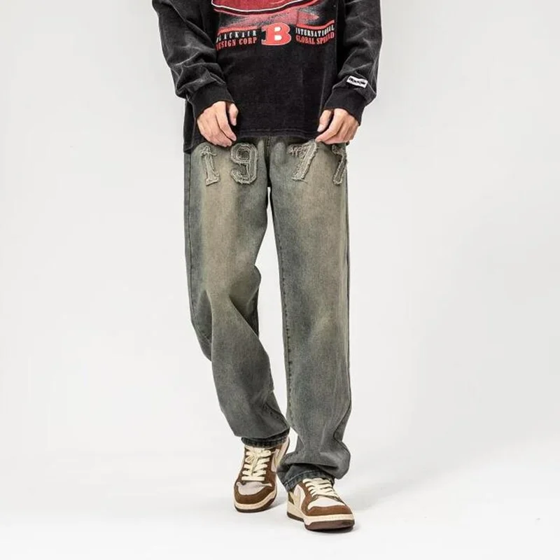 Streetwear Men 2022 New 1977 Embroidery Loose Straight Cylinder Blue Jeans Temperament Versatile Wide Leg Trousers Autumn Female