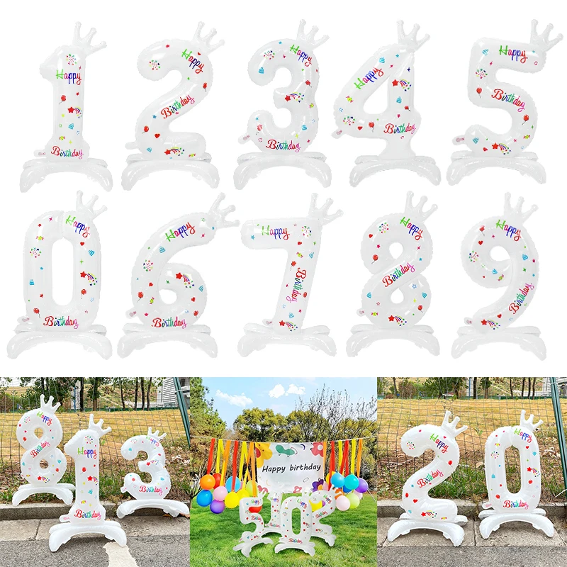 

32Inch Foil White Number Stand Balloons 0-9 Crown Number For Kids Birthday Party Anniversary Banquet Shower Decoration Ins Baby