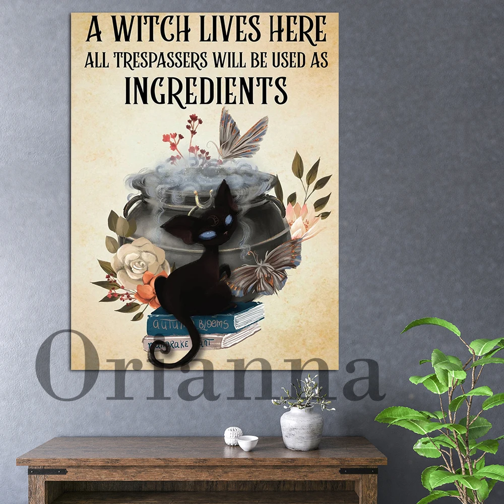 Домашний декор, настенное искусство, ведьма живет здесь, калдрон и кот, премиальная Картина на холсте, Hd печать, картина, винтажный прекрасный модульный постер