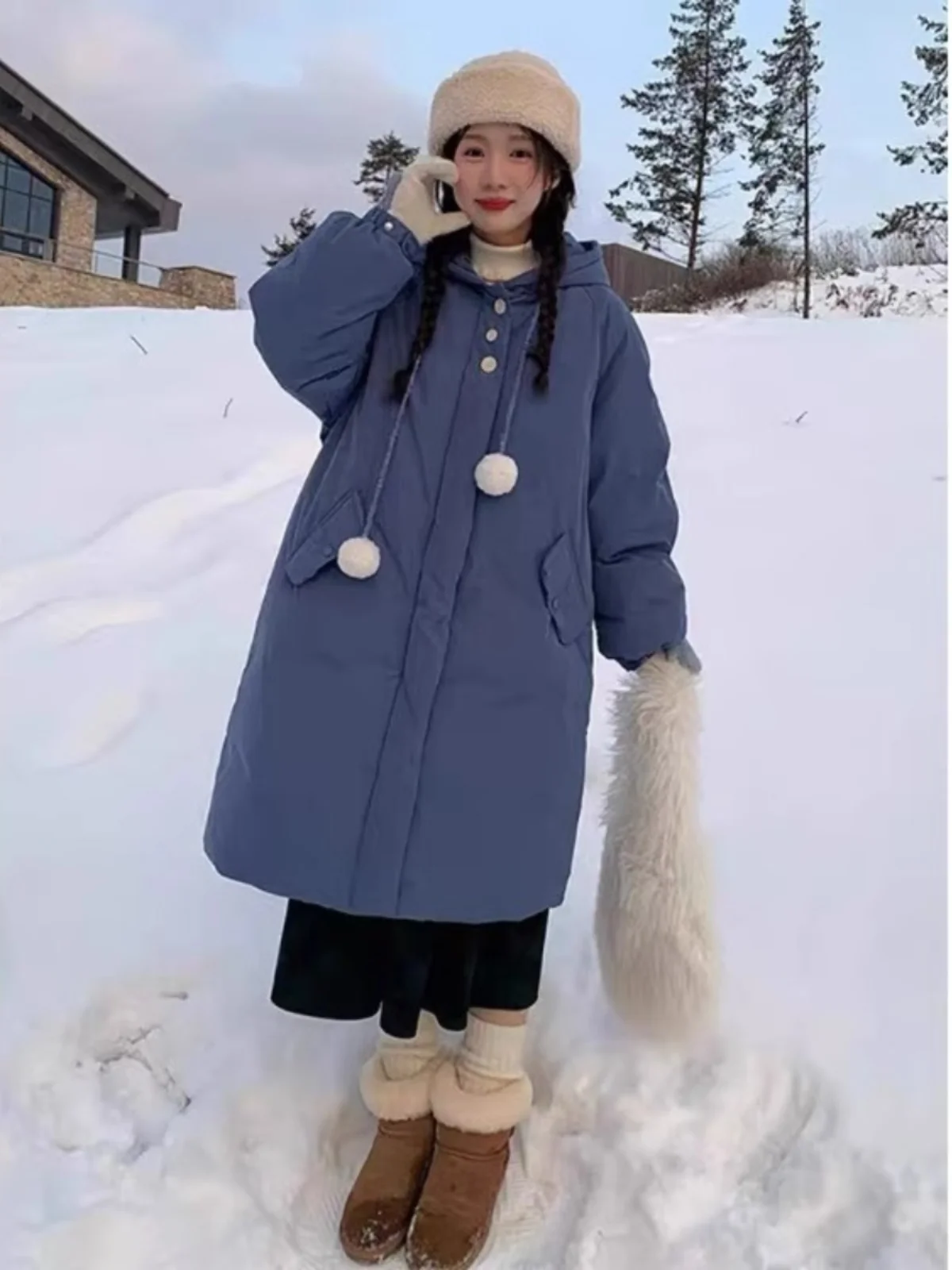 Korean Series Blue Sweet and Cute Hood Cotton-Padded Coat for Women 2024 Winter New Loose Warm Mid-Length Outerwear Cotton-Pa...