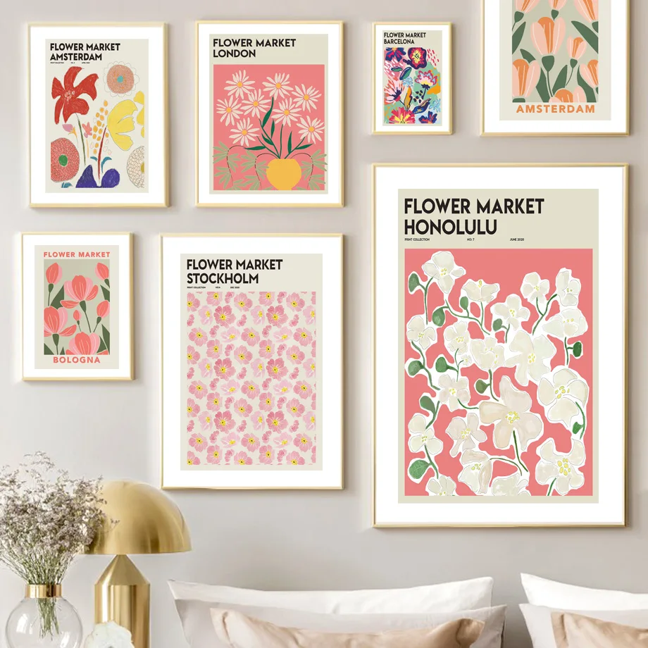 

Vintage Colorful Flower Market Pairs London Barcelona Nordic Poster Wall Art Print Canvas Painting Decor Picture For Living Room