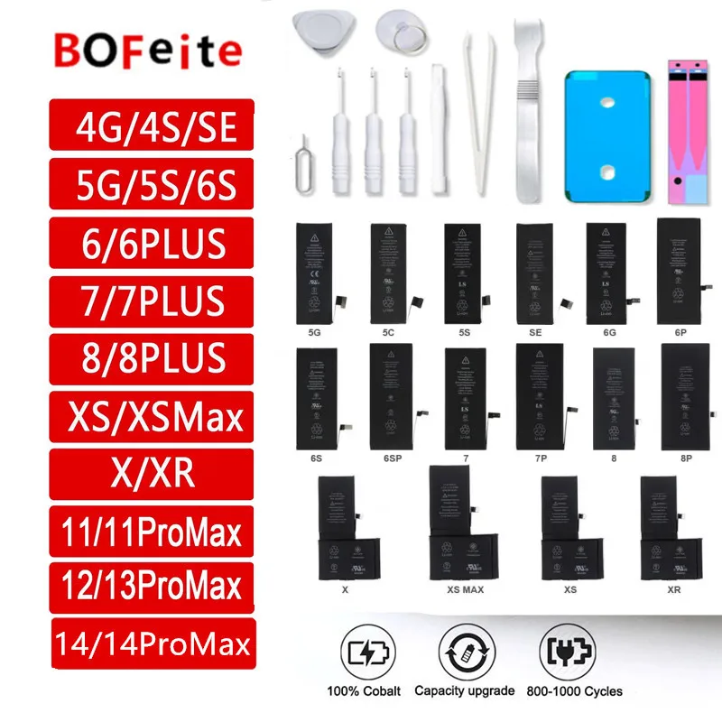 

BoFeite Phone Battery For iPhone 5S 6 6SP 6S 7 8PLUS Replacement Batterie Original X XS XR XSMAX 11 12MINI 13 14 Bateria