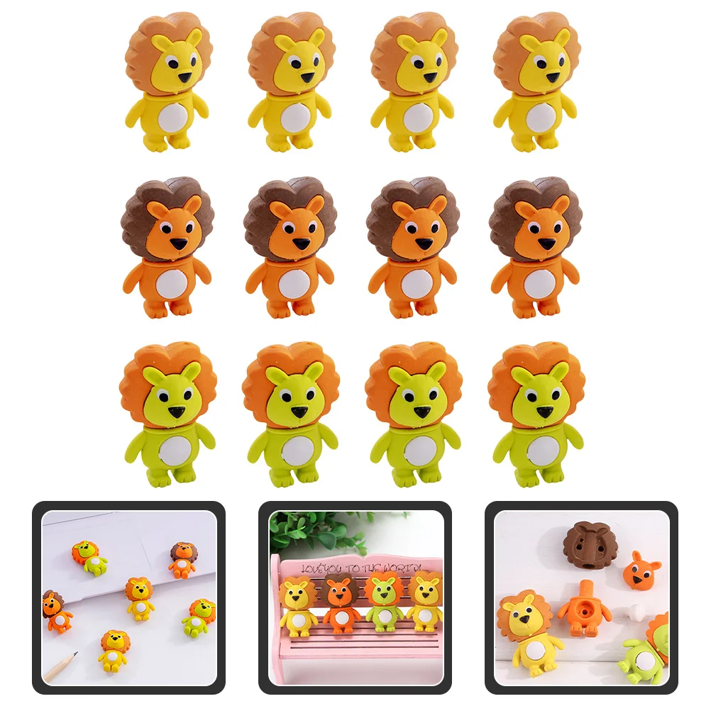 

12 Pcs Little Lion Eraser Kids Award Erasers Mini Animal Cartoon Animals Kawaii Lovely Shaped Portable Students Gifts