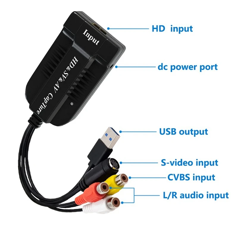 USB-карта видеозахвата VHS/HD/Hi8/DVD в цифровой преобразователь HD/RCA/S-Video USB2.0 устройство