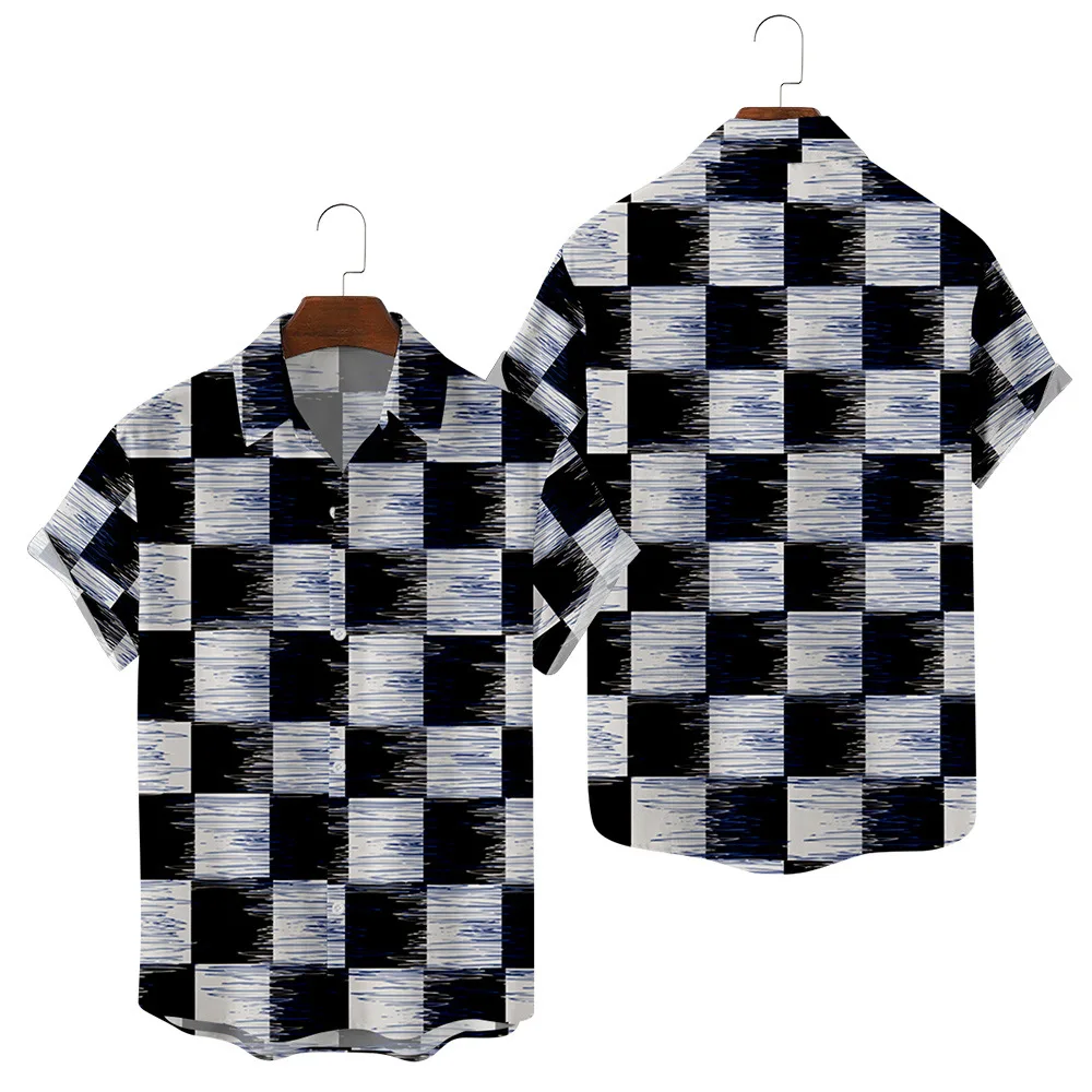 

Гавайская рубашка с отложным воротником и короткими рукавами для мужчин, повседневный свободный пляжный костюм для отдыха, модные клетчатые шорты и рубашка в клетку, на лето