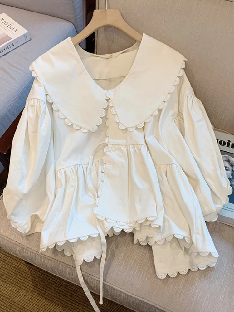 

Asymmetrical Doll Blouse Women Bandage Aprcot Shirt Lace Ruffle Peter Pan Collar 2022 Casual Loose Korean Chic Cute Blusa