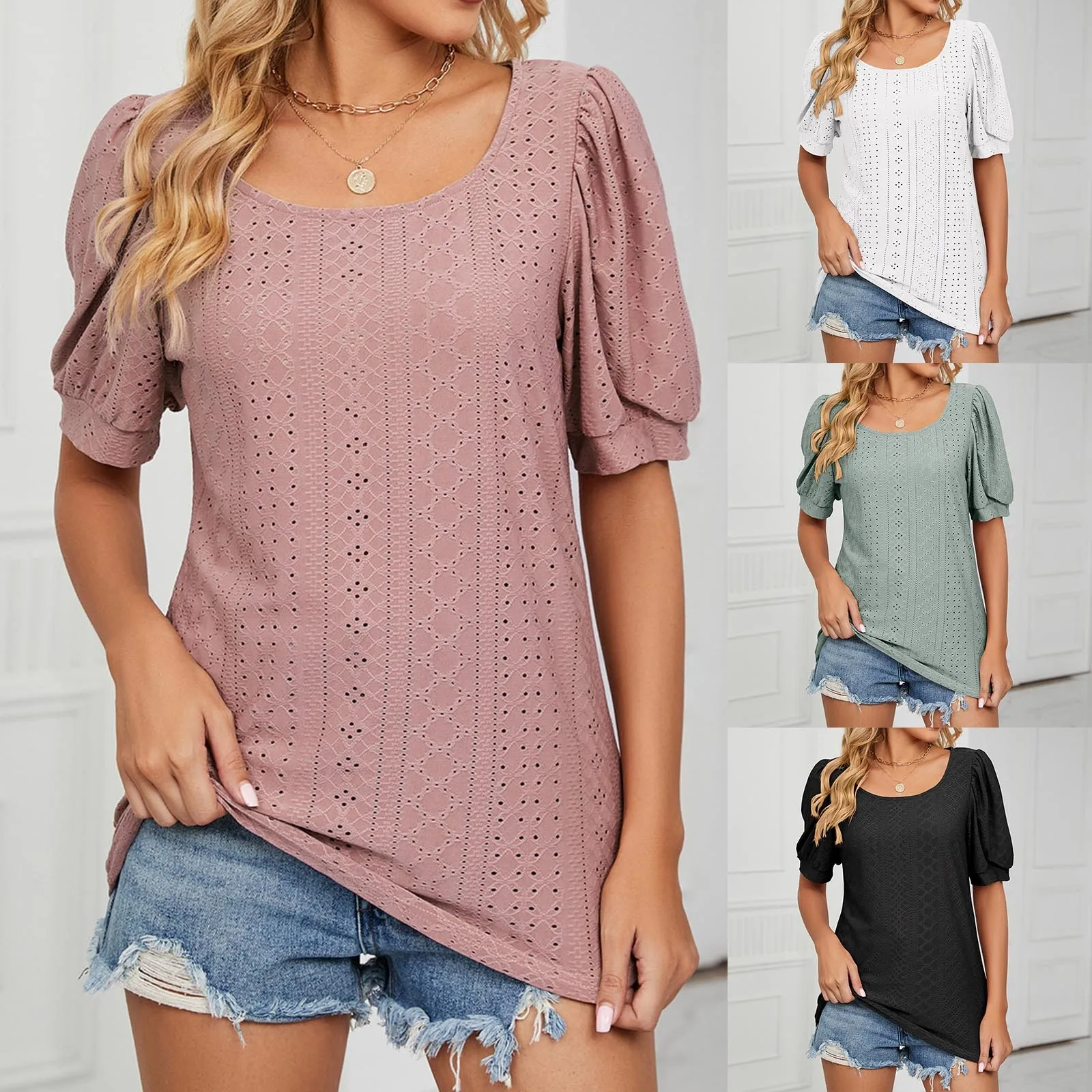 

Women's Casual Summer Round Neck Solid Color Hollow Bubble Long Sleeve Tall Shirt Women Woman Large Shirt Women Long Sleeve