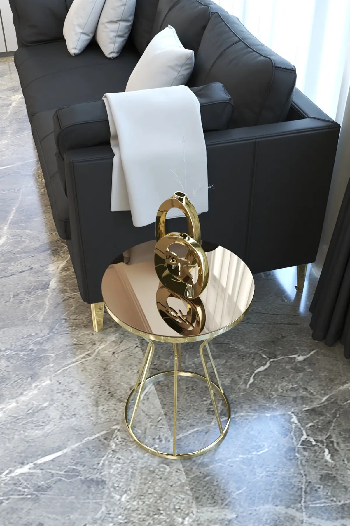 Золотистый металлический журнальный столик одностеклянный скандинавский