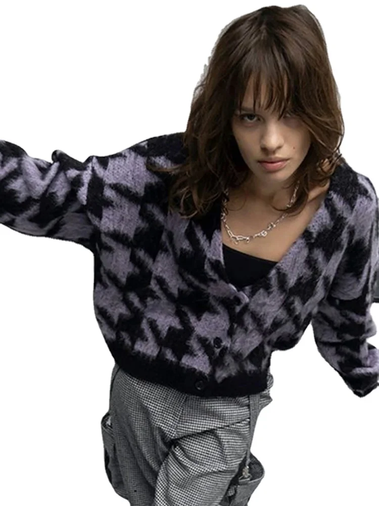 

2022 Dark Winter Warm Thick Houndstooth Cardigan Mall Gothic Vintage Grunge Streetwear Sweaters Women Loose Fashion Knit Outwear