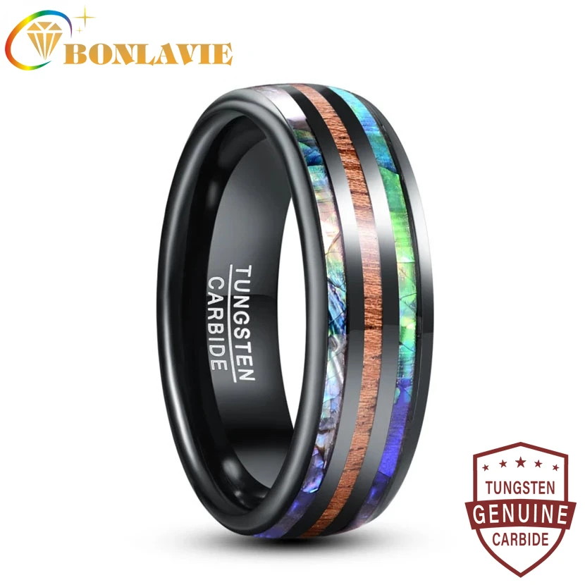 

BONLAVIE 8mm Electric Black Inlaid Abalone Shell Wood Grain Dome Tungsten Carbide Ring Men's Fashion Wedding Jewelry Best Gift