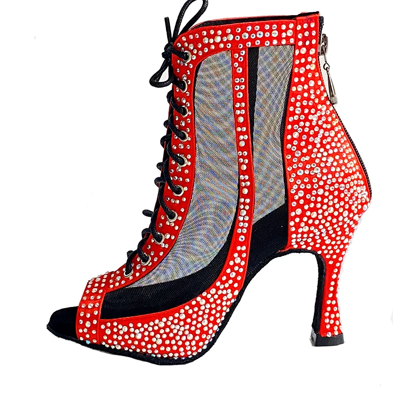 Indoor Dance Shoes Red Satin Rhinestones Ballroom Latin Dance Shoes Suede Outsole Cuban Heel 9cm Heel Bachata Salsa Party Shoes