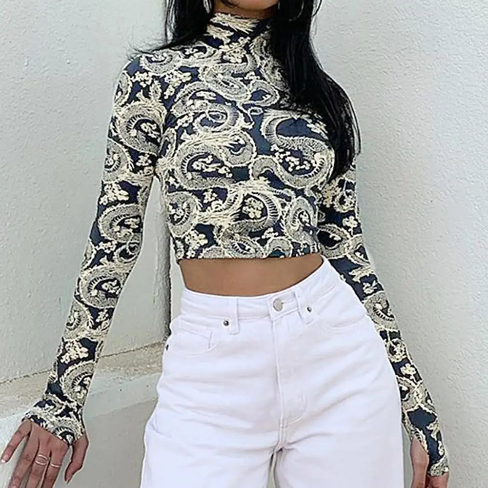 

Top Long Sleeve Slim Women Chic Blouse Dragon Print Turtleneck Crop Thumb Hole Blouse