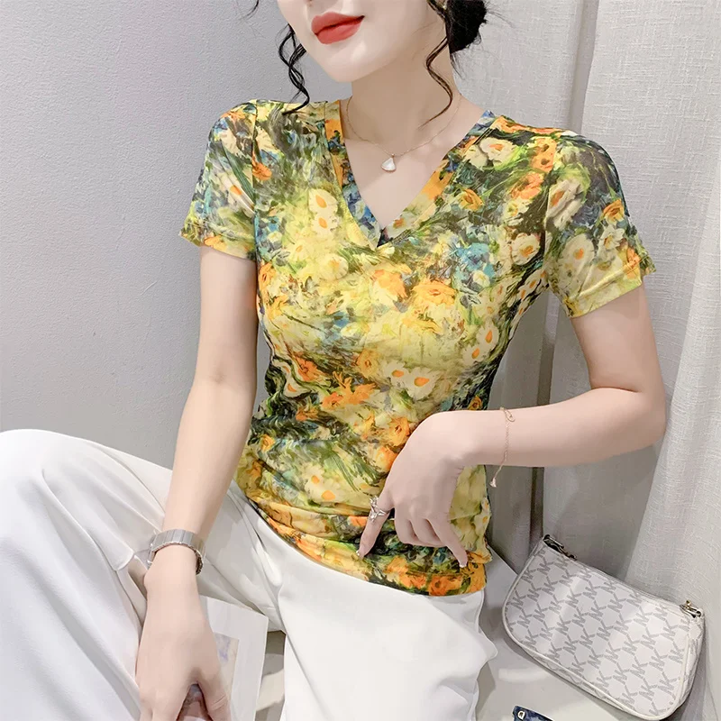 

#6693 Summer Mesh T Shirt Women Short Sleeve V-neck Sexy Tight Stretch Short Woman T-shirts 3D Flower Printed Tshirt Streetwear