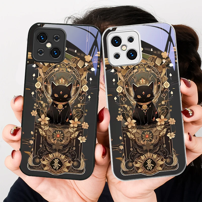 Lucky Black Cat Colorful For Find X5 X3 Lite Reno 6 4Z 5G OPPO A72 79 73 58 A54S OnePlus Nord N200 Tempered glass phone case