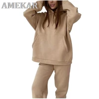 soft cotton fleece tracksuit women set autumn winter thicken warm hoodie sweatshirts and pants two piece set lady casual suit