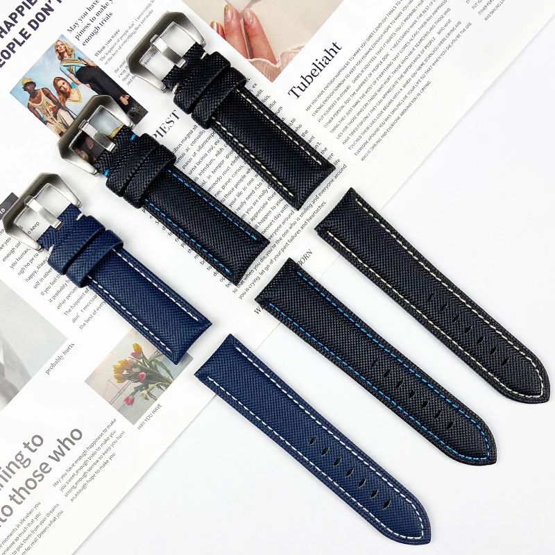 

24mm High Quality Carbon Fabric Watch Band Genuine Leather Canvas Black Strap Stainless Steel Needle Buckle for Panerai Band