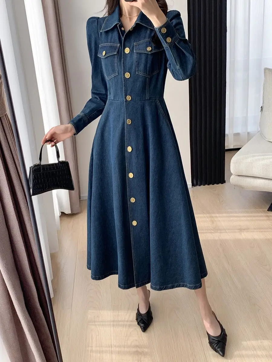 

2023 Spring Women Fashion Long Sleeve Denim Midi Dress Female Vintage Jeans Dresses Ladies Single-Breasted Casual Vestidos O134