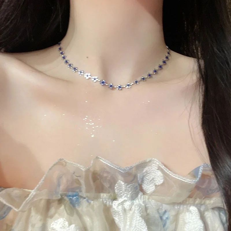 

New 2023 Necklace Blue Flower Chain Necklace For Women Girl Silver Color Irregular Choker Jewelry Gift Wholesale Necklace