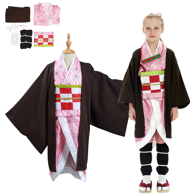 

Demon Slayer Kimetsu no Yaiba Kamado Nezuko Cosplay Kids Costume Kimono Outfits Fantastic Dress Girls Halloween Carnival Suit