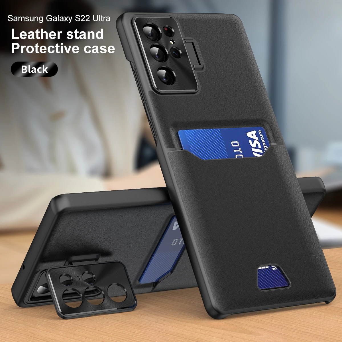 

Card Slot Bracket Leather Phone Case For Samsung Galaxy S23 S22 Ultra Plus Shockproof Folding Holder Leather Stand Cover