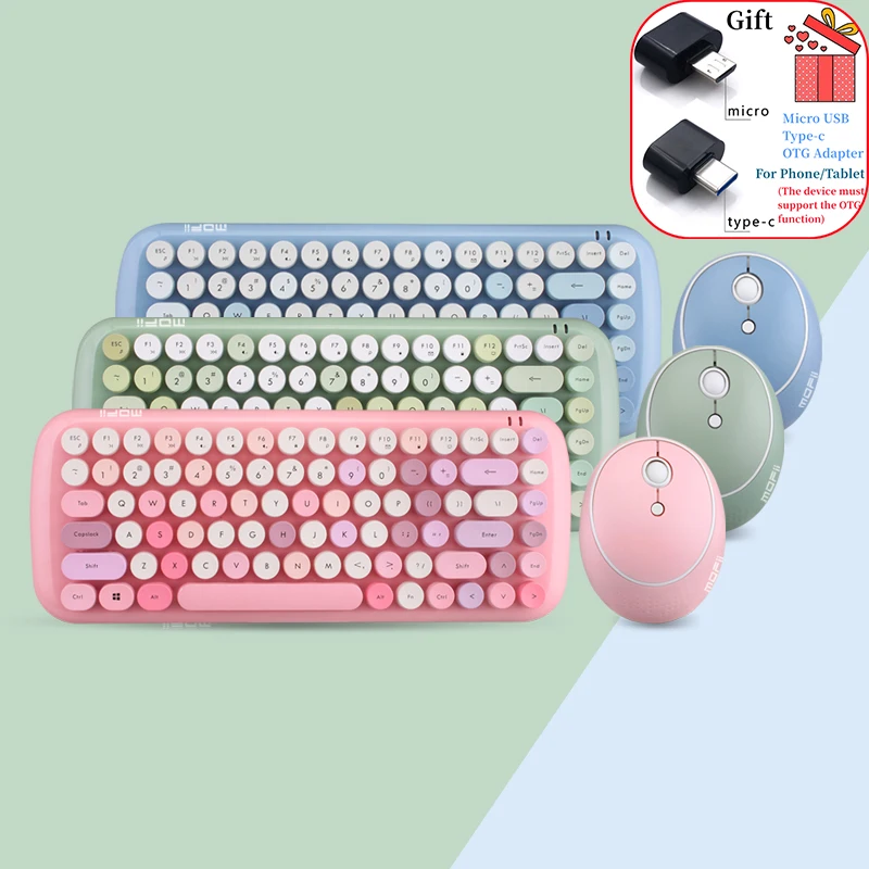 Nette Drahtlose Tastatur Set Gemischt Candy Farbe Runde Keycap Schreibmaschine Tastatur und Maus Kamm für Laptop Notebook PC Mädchen Geschenk