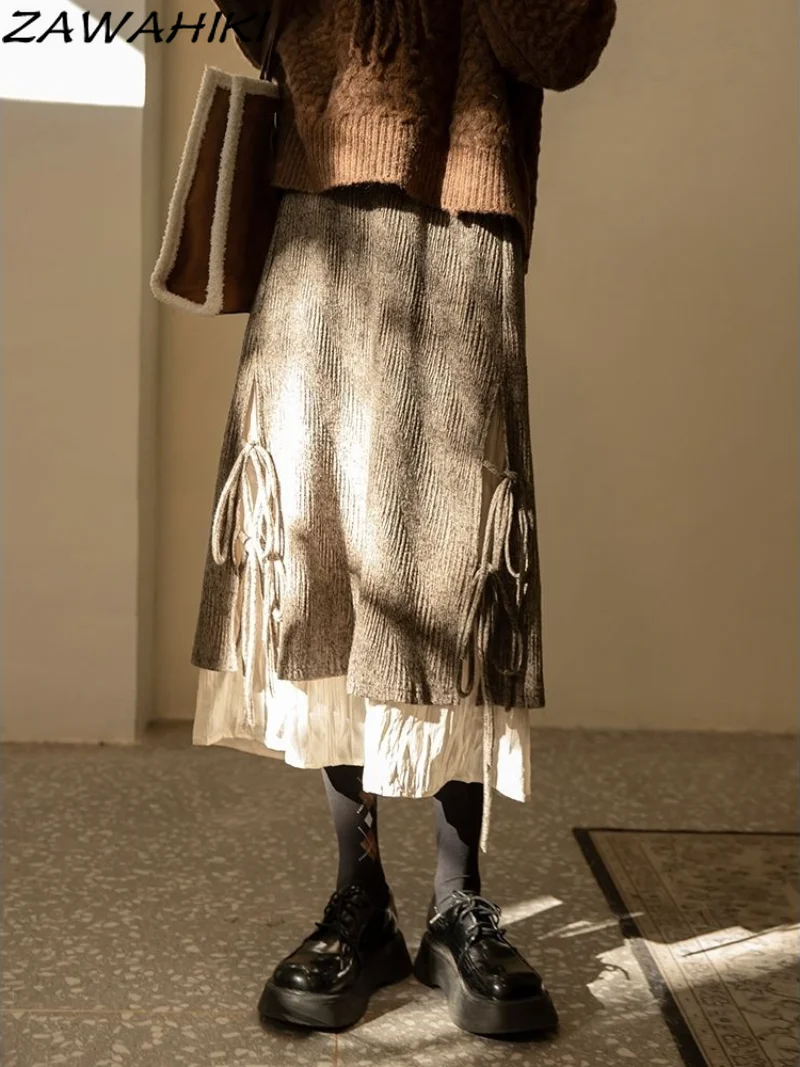 

Vintage Patchwork A-Line Skirt Women Autumn Knit Solid Long Skirt Wool Loose High Waist Korean Lace-up Dress Streetwear Skirt