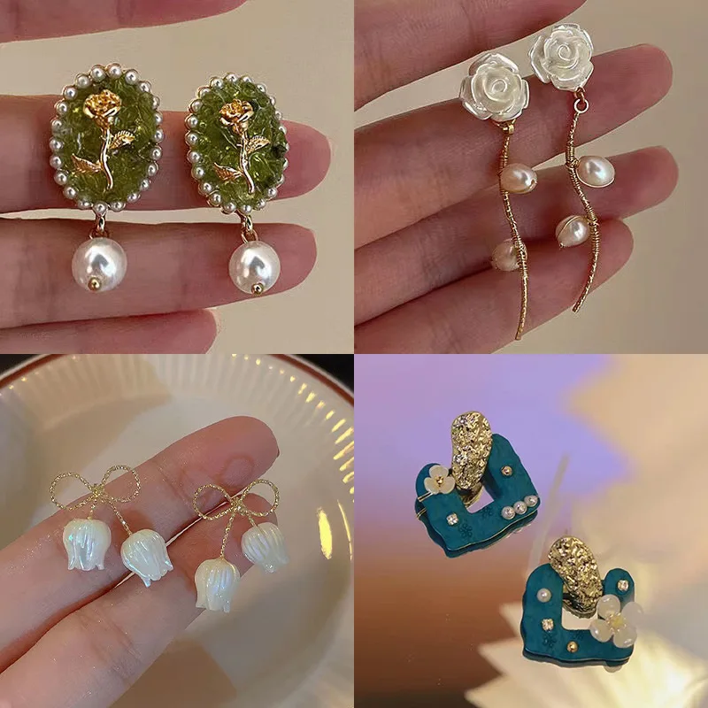 

Minar Sweet Multiple Spark Rhinestone Imitation Pearl Flower Drop Dangle Earrings for Women Rose Geometric Earring Daily Jewelry