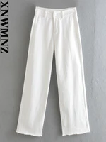 xnwmnz 2022 new ladies fashion casual high waist wide leg jeans female patch pocket raw edge straight pants