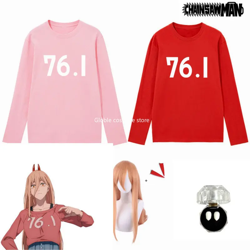 

Anime Chainsaw Man Power Cosplay Costume Wig Pink Red Long Sleeves Outfit Hairpins Blood Fiend Devil Power 76.1 Shirt