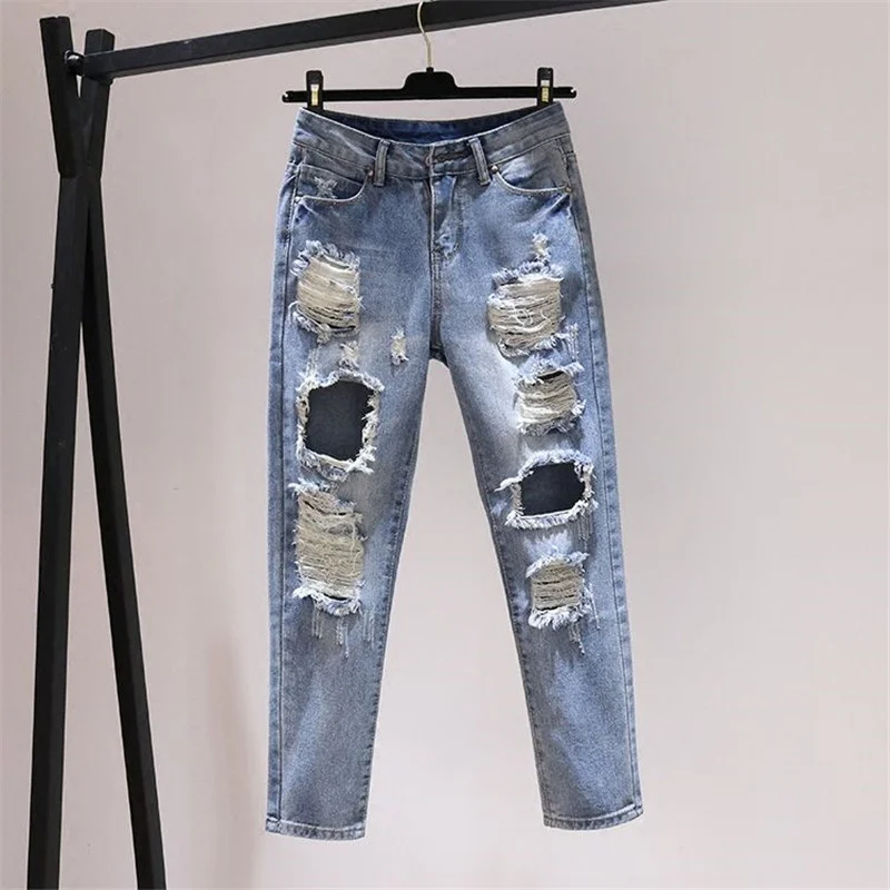 

Hot Jeans,2023 Korean Hole JeansWomen Spring Summer New Loose Bf High Waist Denim Pants Women Straight Nine Points Cowboy Trouse