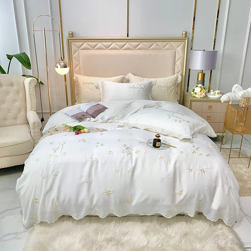 

Chic Flowers Embroidery Exquisite Lace Edge Bedding Set Summer Smooth Soft Silky Cool Duvet/Quilt Cover Bed Linen Pillow Sham
