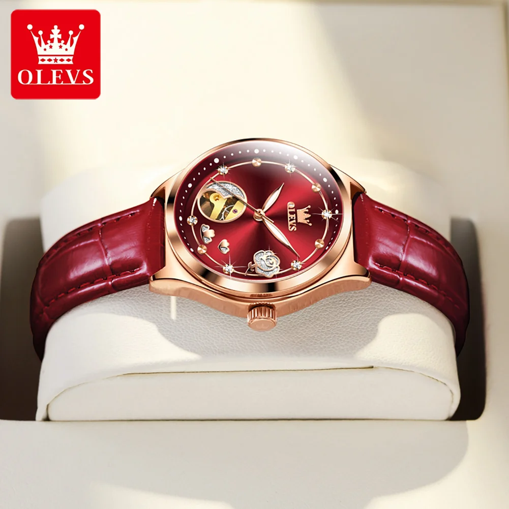 OLEVS Fashion Women Mechanical Watches Set Leather Strap Luxury Hollow Dial Automatic Ladies WristWatches Gift Reloj Mujer enlarge