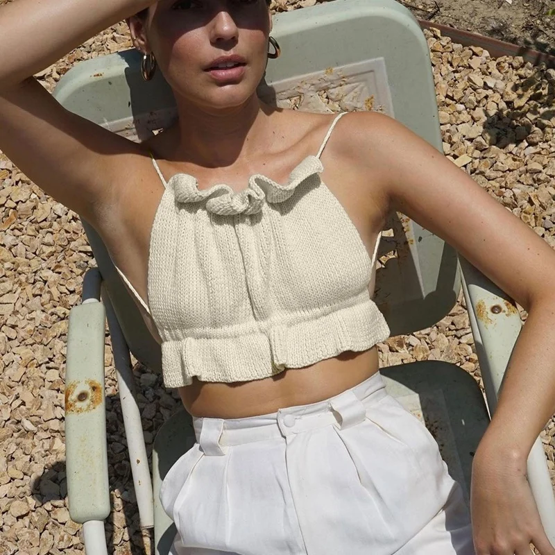 

Ladies Wrapped Chest Summer Short Vest Pure Color Lace-Up Fold Fashion Sexy Top