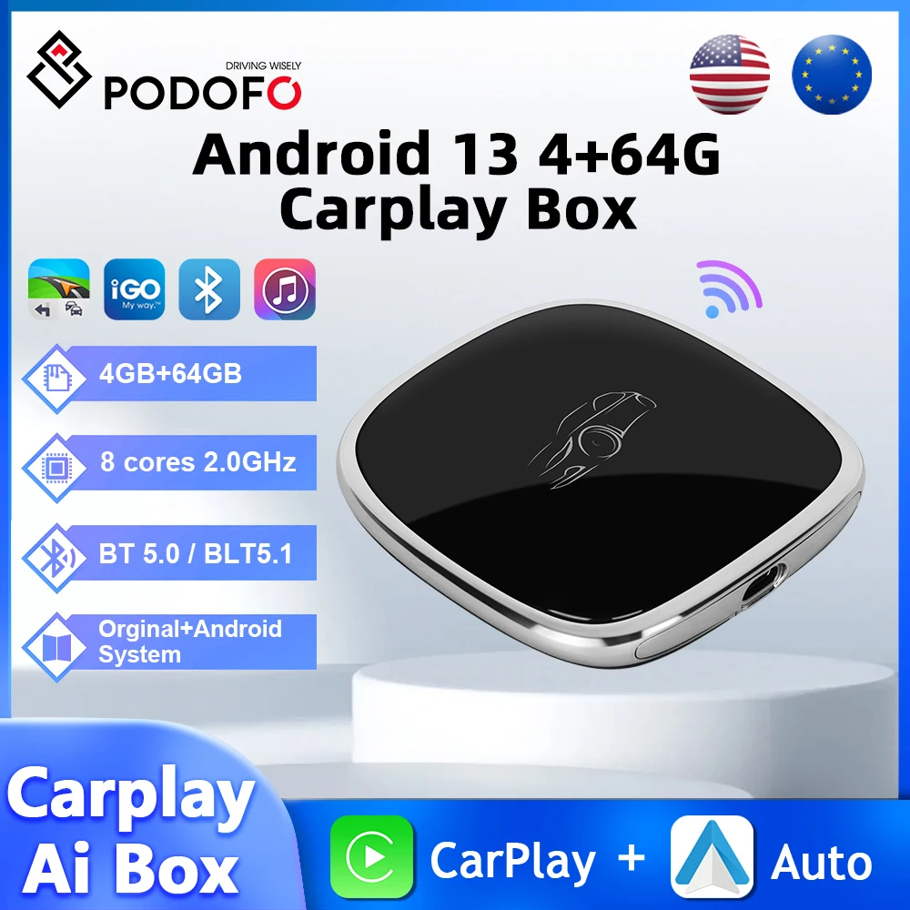 Podofo Wireless Carplay Android Auto 4+64G Carplay Dongle 5G WIFI GPS Navigation Bluetooth Adapter 8 Core 2.0GHz Support TF SIM
