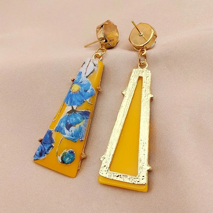 Vintage court style earrings expensive earrings geometric printing resin earrings high profile retro women's earrings