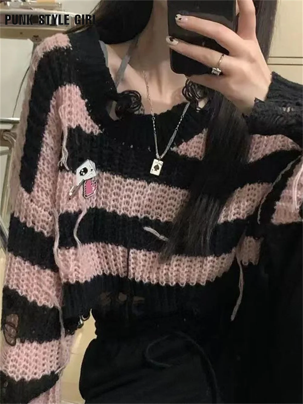 

Pink Stripe Sweater Women Kpop Clothes Gothic Mall Jumpers 2000s Mori Girl Short Crop Tops hHole Goth Clothes Grunge Fairy Tees