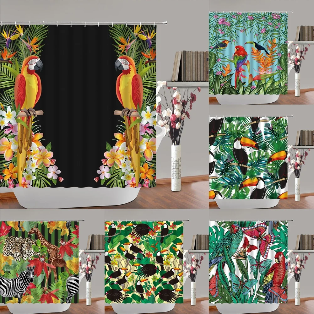 

Toucan Parrot Shower Curtain Tropical Jungle Animal Bird Zebra Giraffe Palm Leaf Plant Flower Wildlife Fabric Bath Curtains Home