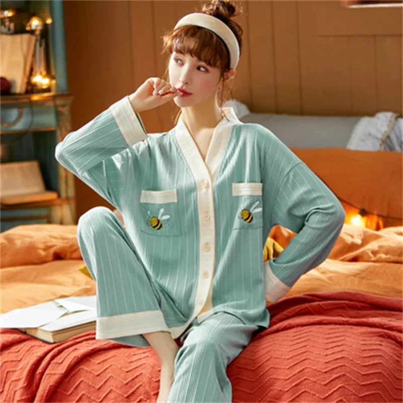 Casual Pajamas Set Soft Sleepwear For Women Elastic Cotton Pyjama Women's Sweet Cartoon V-Neck Homewear Clothes Big Size