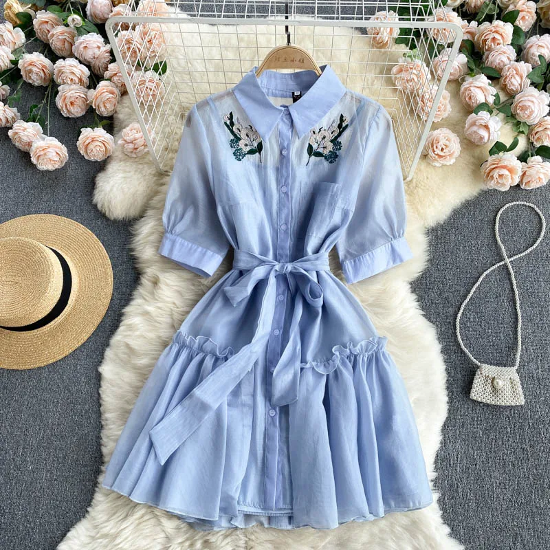 

Women Chiffon French Shirts Dress Turndown-Collar Puff Sleeve Single Breasted Femme Summer New Sweet Embroidery Short Sundress