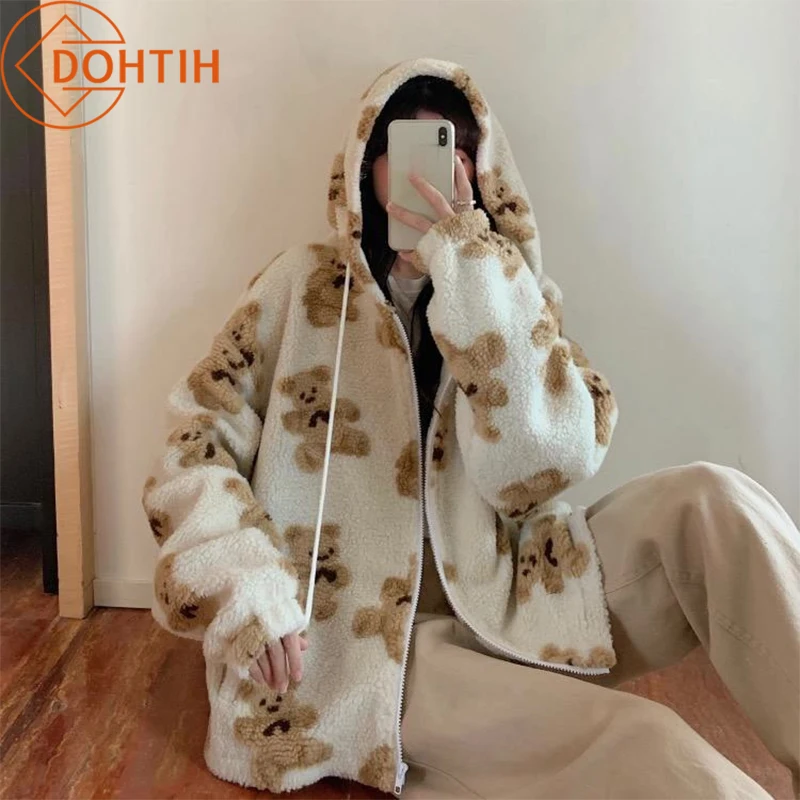 

Women's Harajuku Cartoon Bear Fleece Hoodies Darling Zip Up Long Sleeve Pullovers Women Teddy Sweatshirts Coat Casual Jackets