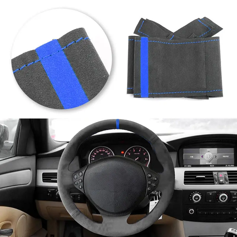 Черно-синяя линия с синей полосой Автомобильный руль замшевый кожаный чехол