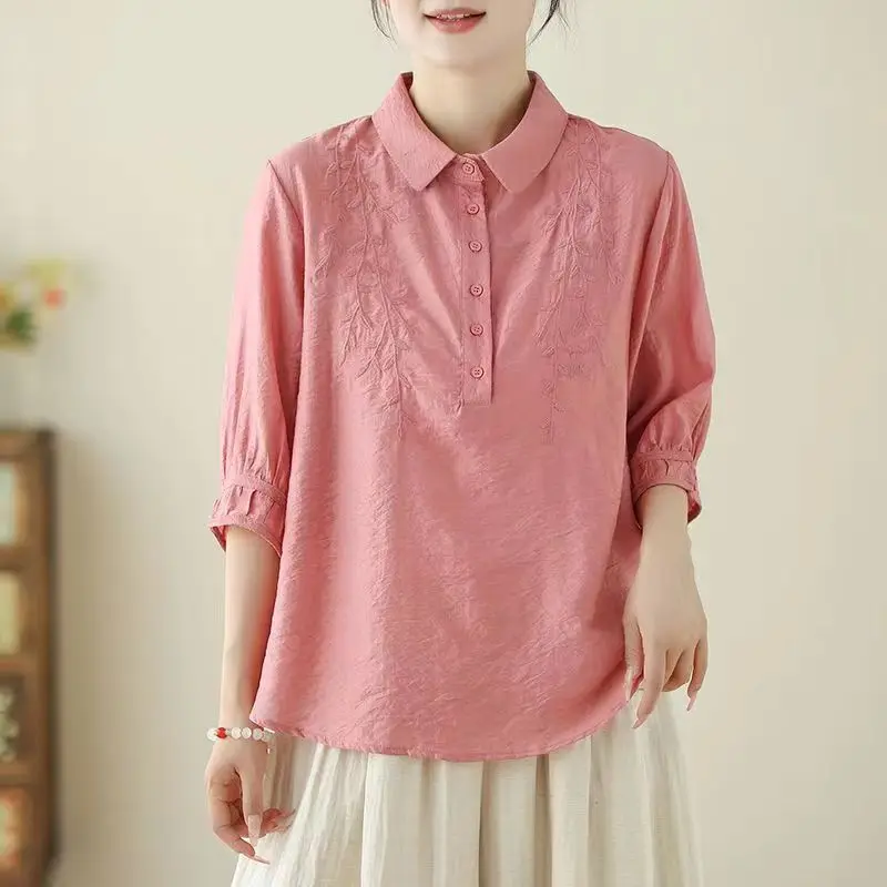 Женская одежда однотонный пуловер с отложным воротником на пуговицах вышивкой