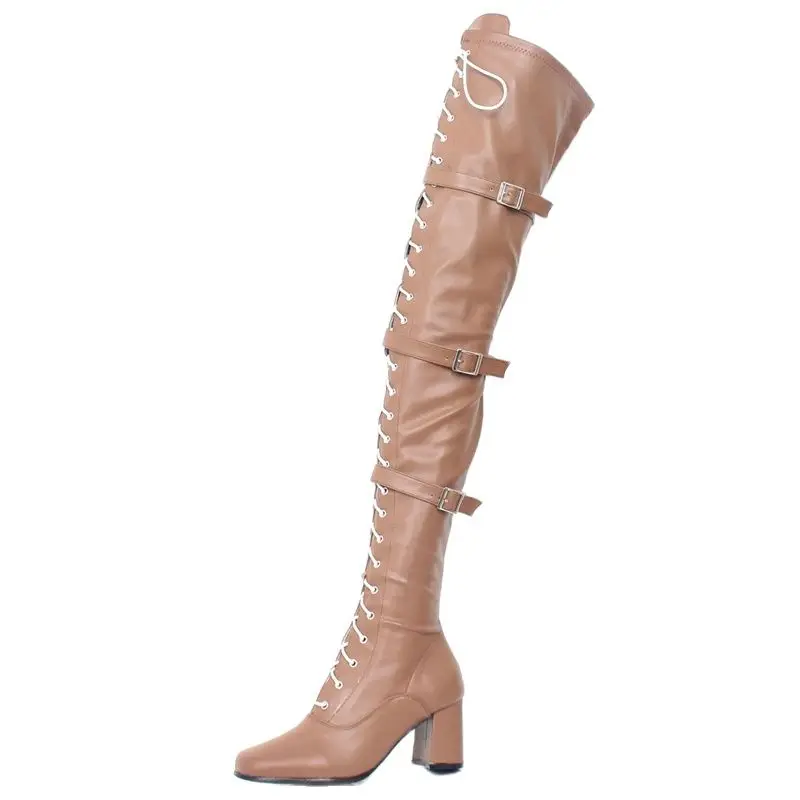 2023 New Fashion Over-The-Knee Thick Heel Buckle Strap Zip Patent Leather Thigh High Boots Go Go Shoes Custom Colors