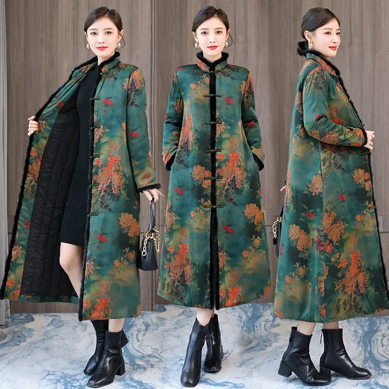 2022 Winter Chinese Style Flower Jacket Thick Quilted Long Tang Suit Coat Women's Retro Stand Collar Single Breasted Parka T638