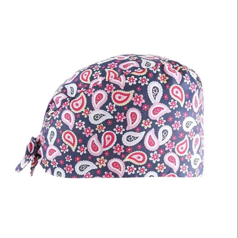 

Women's Cotton Scrubs Caps Weat-Absorbent Elastic Section Pet Grooming Nursing Work Hats Lab Flower Print Scrub Hat sale