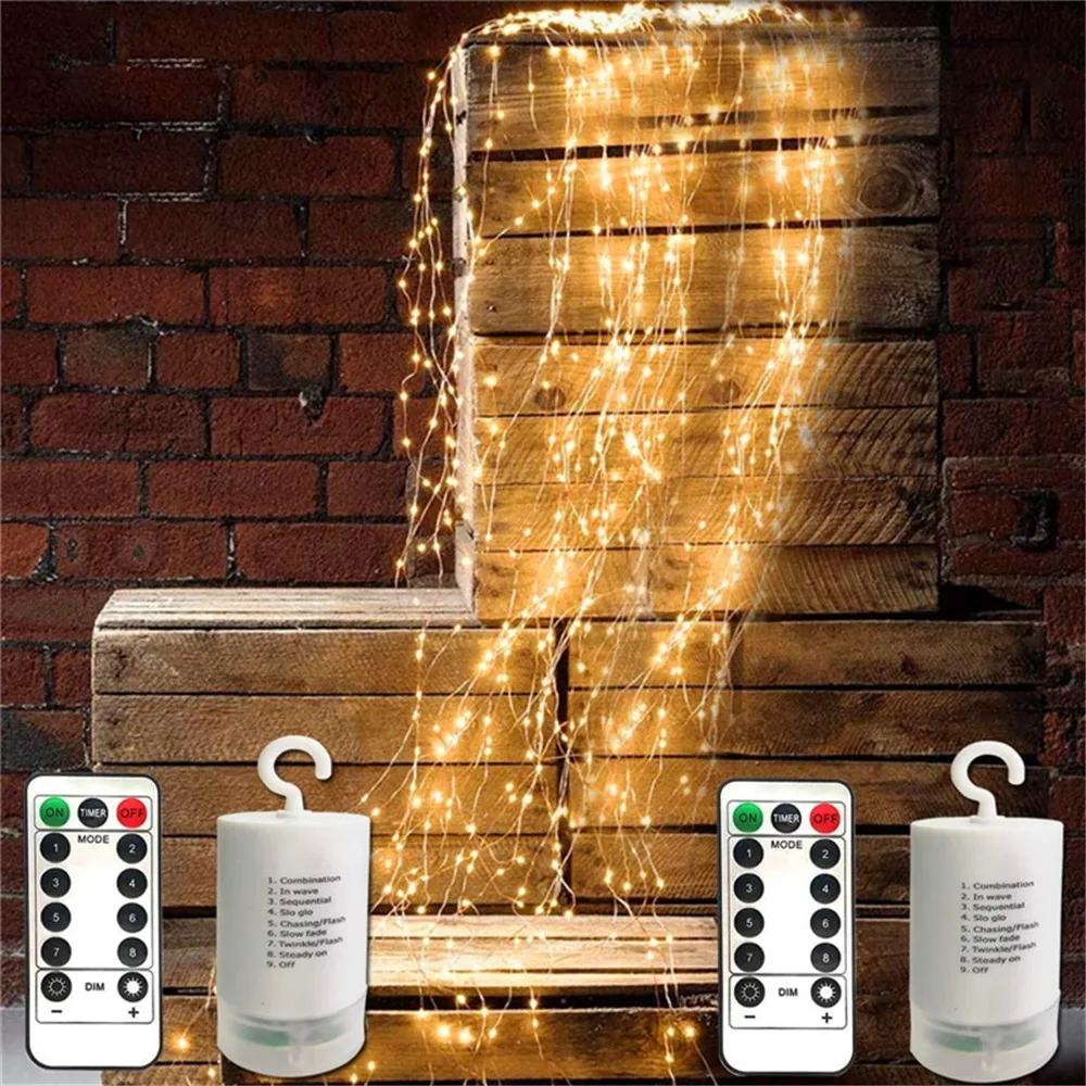 

100/200Leds Christmas Holiday Cascade Led Eight Function Fairy Copper Wire Outdoor String Branch Tree Lights With Remote Control