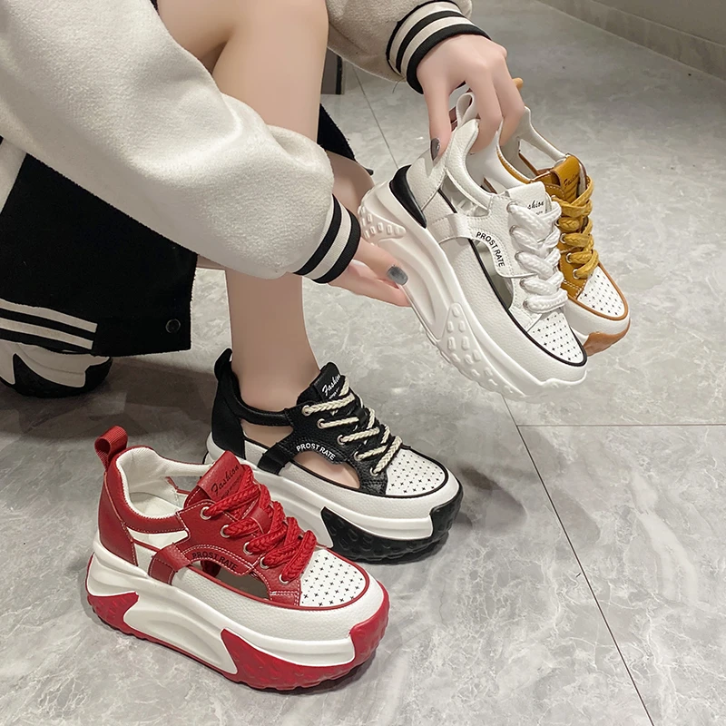 Women Lace-up Chunky Sneakers Platform Wedge Comfort Sports Shoes Fashion 6CM Leather Breathable New Summer Hollow Leisure Shoes