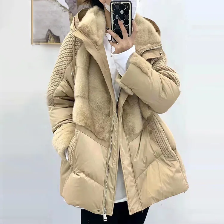 Mink fur hooded fur white goose down down jacket for women's high-end fashion medium long thickened thermal coat enlarge