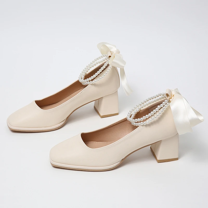 

Женские туфли мэри джейн Новинка Весна 2022 женские туфли на толстом среднем каблуке с французским жемчугом женские туфли с квадратным носко...