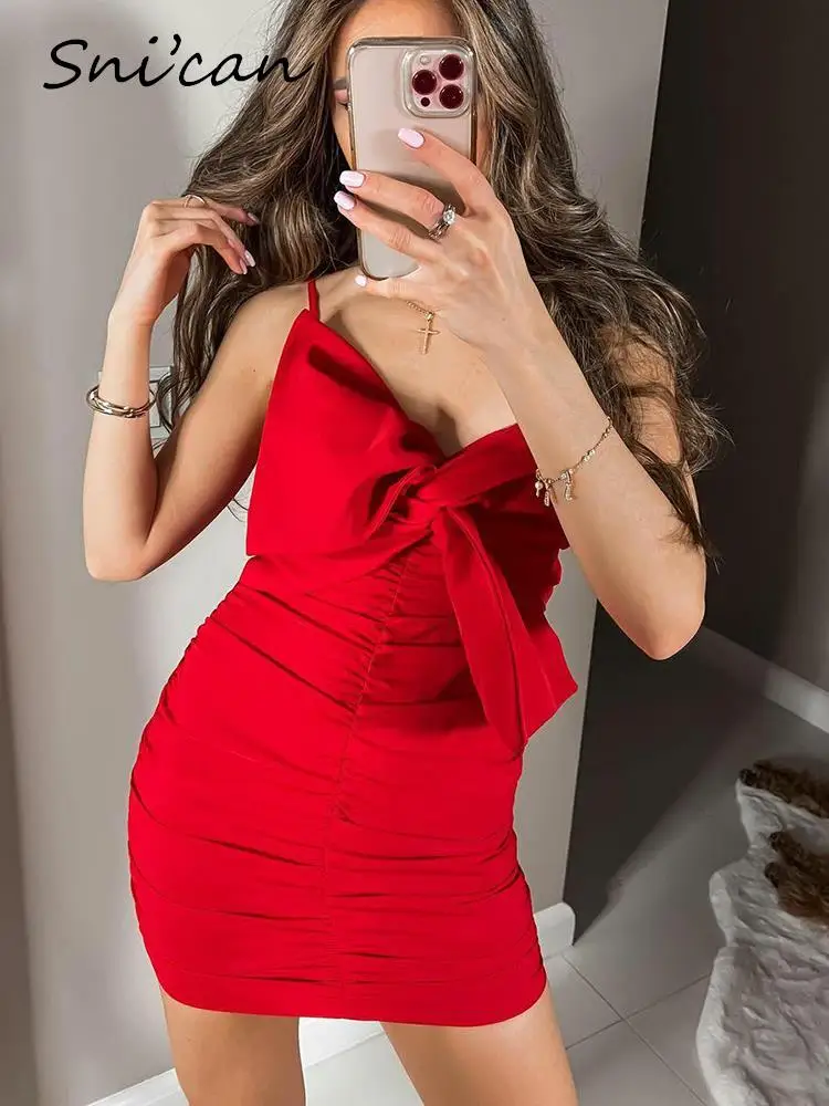 

Асимметричное сексуальное платье с бантом, женское летнее облегающее мини-платье на бретелях-спагетти с рюшами, женское однотонное красное...
